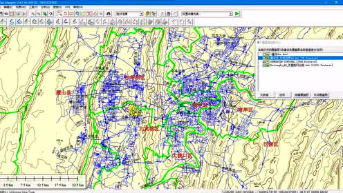 等高線疊加矢量路網、水系、行政邊界