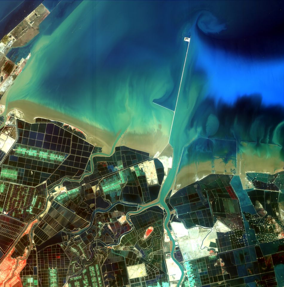 Farms along the Dongying estuary, with white lines indicating structures in the water.