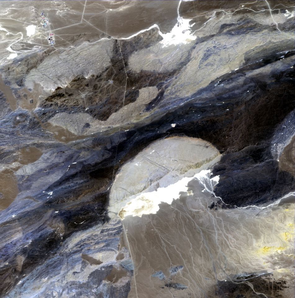 An alluvial fan forming the shape of a jellyfish in the Gobi Desert near Jiuquan City, Gansu province.
